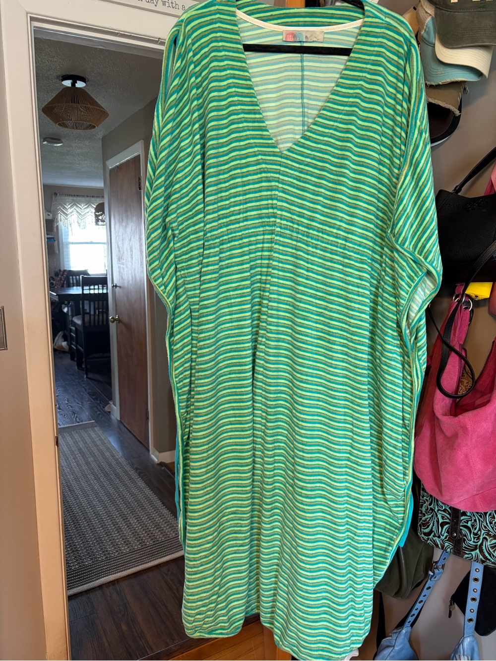 Free Poeple Green Striped V-Neck Terry Dress/coverup. Size M/L.
